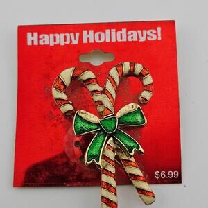 Candy Cane Bundle Brooch Pin Red Stripe Green Bow Holiday Festive Christmas NWT